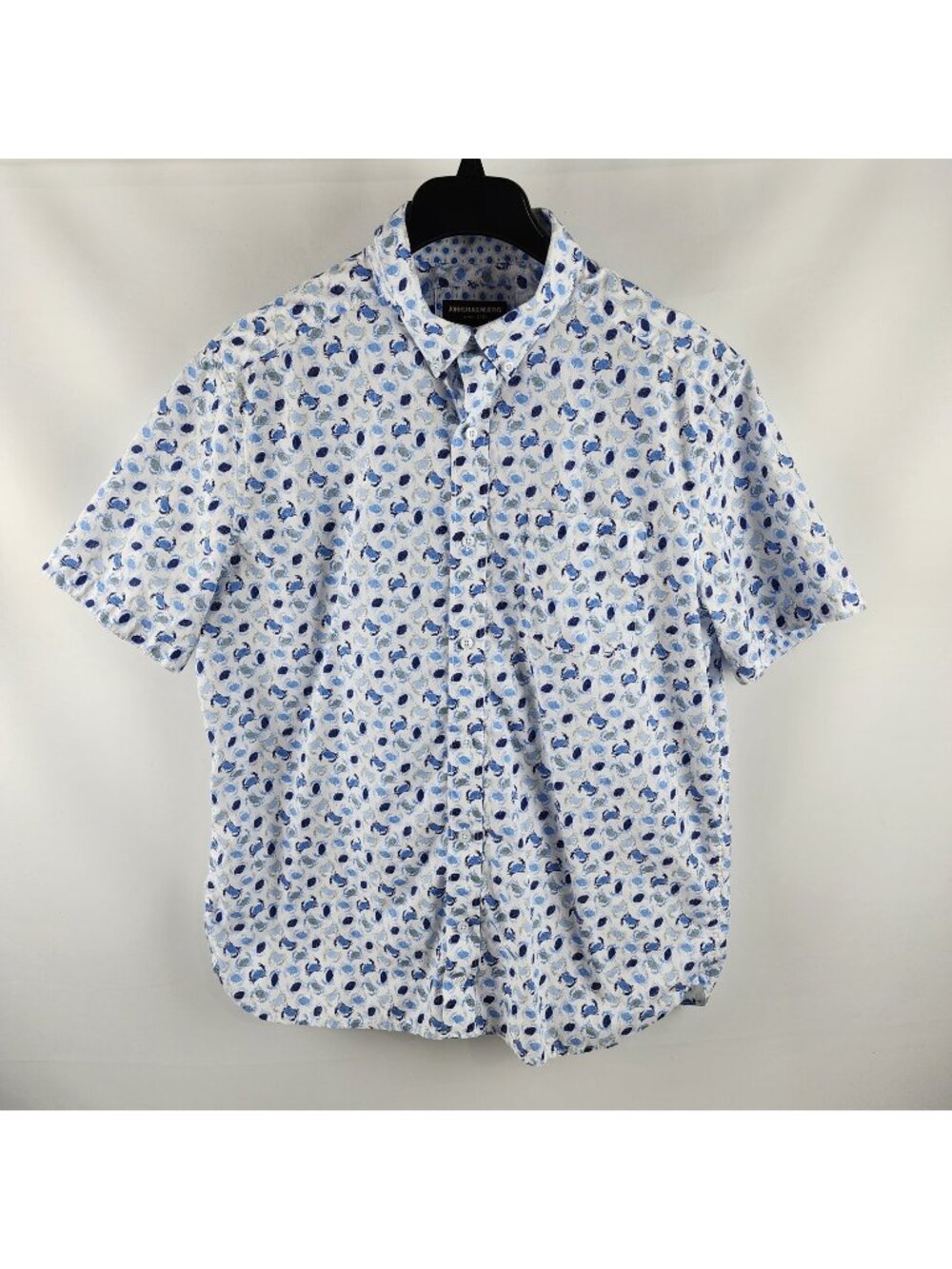 Johnston Murphy Shirt Mens Large Blue White S/S Button Down Collar All Over Crab